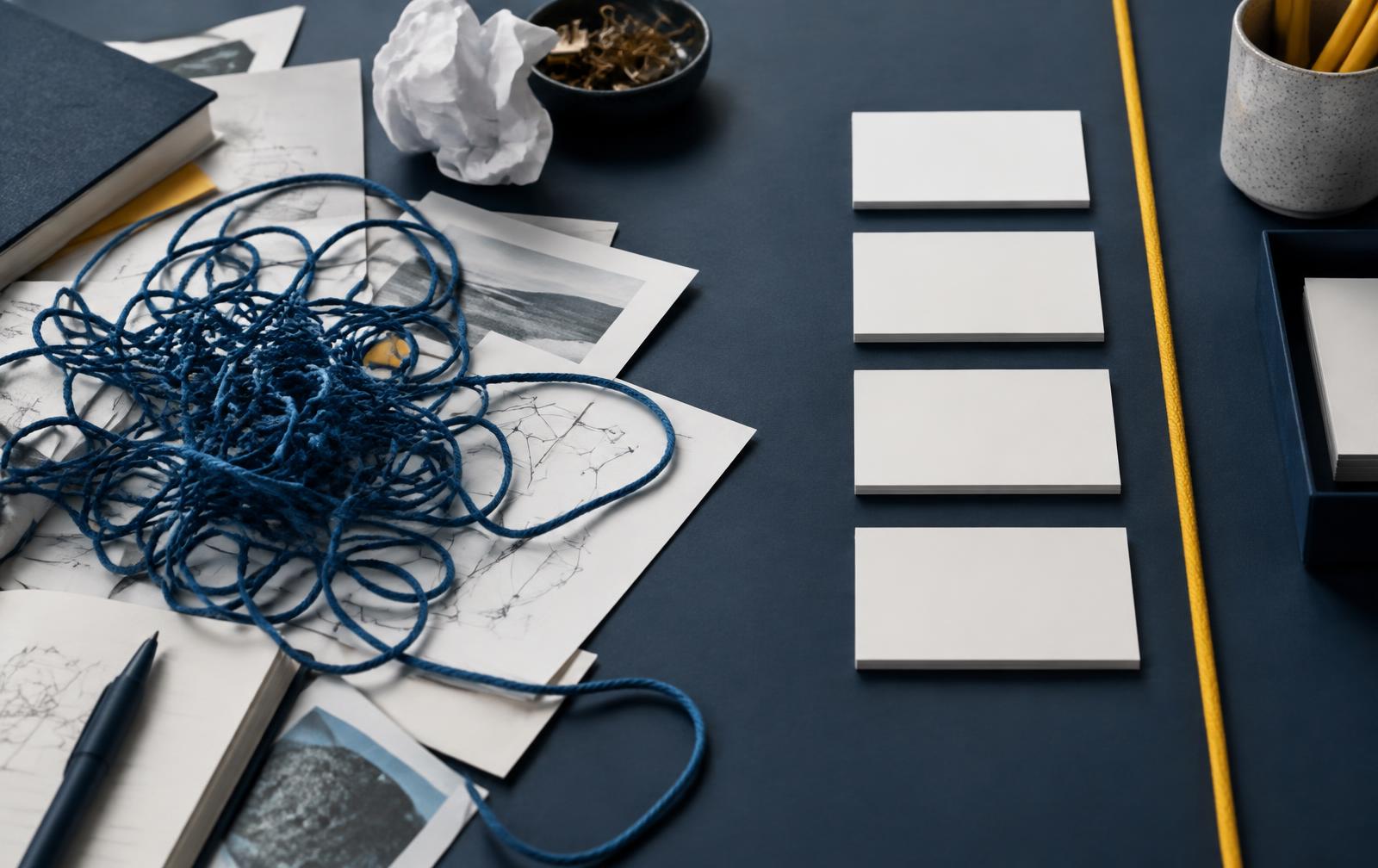 A tangle of lines resolving into one clear line, illustrating complexity turned into clarity